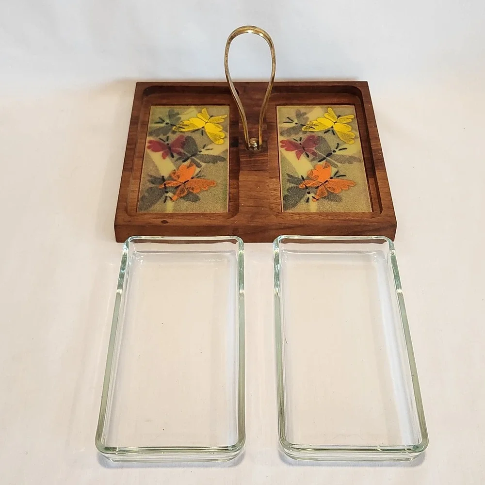 Ernest Sohn Vintage MCM Doubke Relish Serving Tray‎ Butterflies Wood Glass